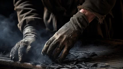 Foto op Aluminium Close-up of chimney sweep's hands covered in soot as he removes creosote buildup from chimney © javier