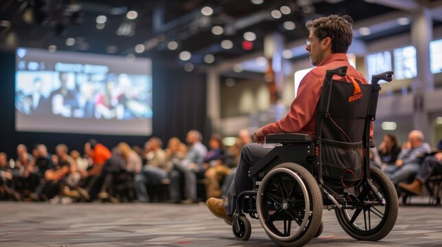 Inventor with disability presenting accessible tech at a conference innovation and inspiration