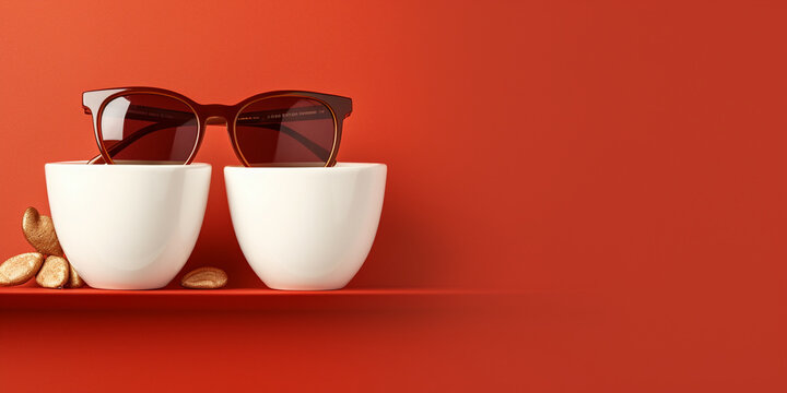 two white cups of coffee and sunglasses on it on red background, generative AI