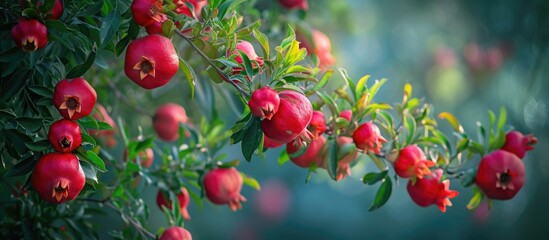 Red flowers and fruits on a pomegranate tree.