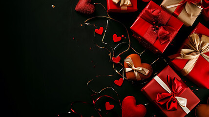 Hearts and presents on black background