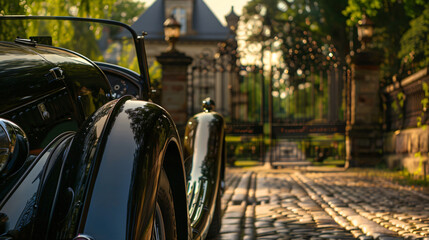 Car at the gates of a country house. Close-up.