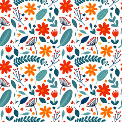 Folk art plants and leaves seamless pattern. Vector plants and flowers pattern