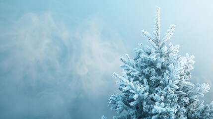 Christmas tree in ice fog blue background.