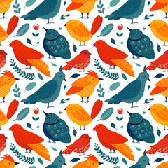 Fototapeta premium Flat style folk art birds seamless pattern. Vector pattern with colorful birds in folk art style