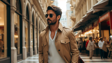 Handsome Latino man with model looks, shopping at high-end boutiques in the streets of Milan.