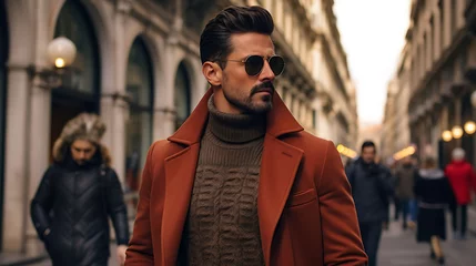 Gordijnen Handsome Latino man with model looks, shopping at high-end boutiques in the streets of Milan. © Dennis