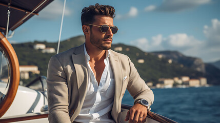 Handsome Latino man with model looks, sailing on a yacht along a river in the city.