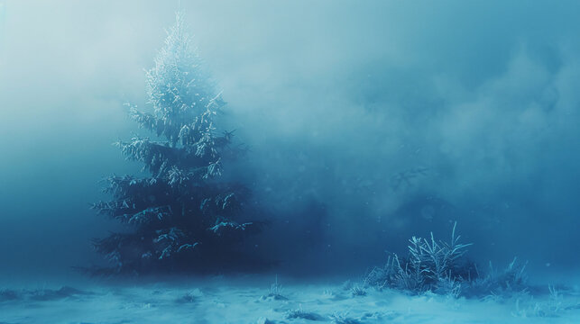 Christmas tree in ice fog blue background.