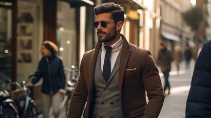 Naklejka premium Handsome Latino man with model looks, shopping at high-end boutiques in the streets of Milan.