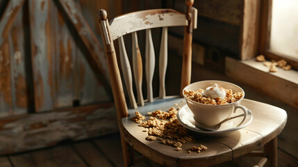 Cinnamon cereal and milk on wooden chair.