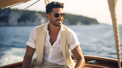 Handsome Latino man with model looks, sailing on a yacht along a river in the city.