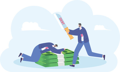 Character man with debt loan pressure. Man place the neck on a cutting board with a knife ready to cut the neck. Debt concept.illustration vector cartoon.

