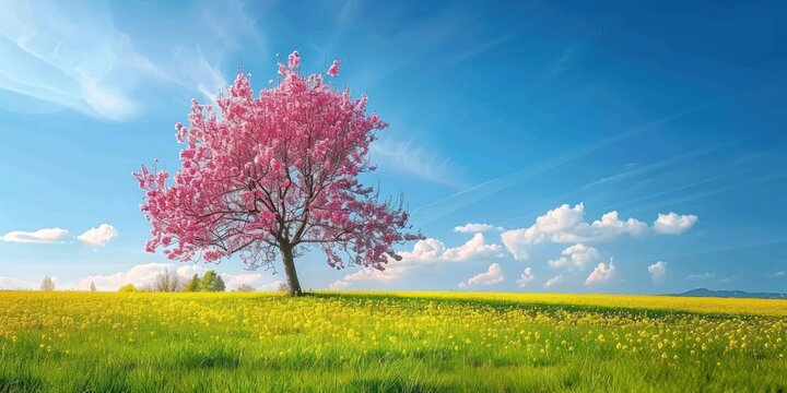 Beautiful pink tree on green grass blue sky, spring landscape concept 