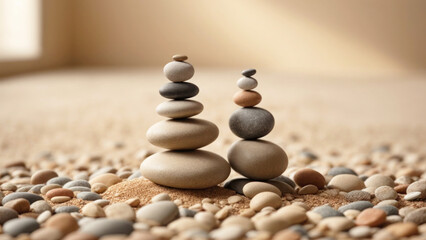 Two pyramids of pebbles of different colors and textures on a light beige background. Meditation and balance concept, zen, sea sand.