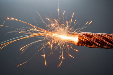 Advertising image, banner for electronics repair. Sparkling braided copper wire on a gray background.