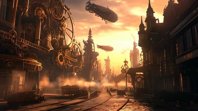Majestic steampunk metropolis bathed in warm sunset light. Towering clockwork structures and ornate Victorian buildings line cobblestone streets. Airships and flying machines hover in golden sky. 
