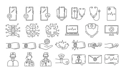Set of vector isolated medical icons. Modern digital equipment, line black and white icons, health care and online doctor appointment.