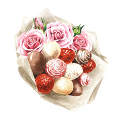 Sweet edible bouquet, giant strawberries in glaze dipped in white and milk chocolate, and pink rose flowers. Hand drawn watercolor illustration isolated on white background