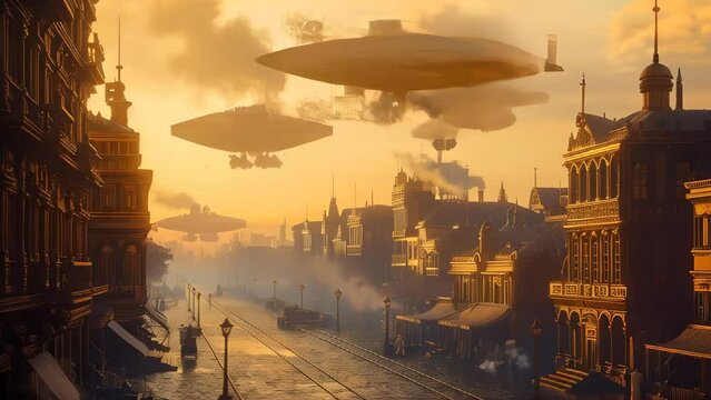 Venetian-inspired steampunk city bathed in golden sunset light. Ornate buildings line a wide canal. Massive airships hover above. Gondolas and steam-powered boats navigate waterways. 