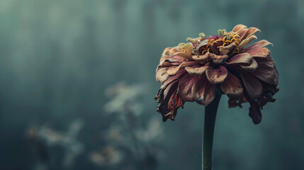 Close up of a single dried and withered zinnia flower