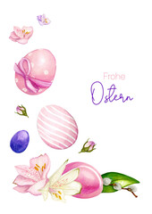 Frohe Ostern lettering. Happy Easter on german hand drawn watercolor postcard with pink and purple eggs and alstroemeria flowers