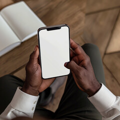 Close-up of hands holding a phone with a white screen