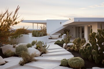 White Gravel Pathways: A Serene Rooftop Retreat with Simple Plant Designs