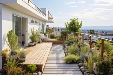 White Gravel Pathways and Simple Plant Designs: A Rooftop Oasis