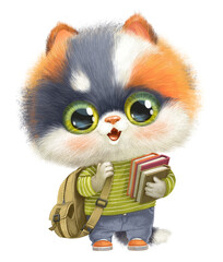 Cute tricoloured school kitten with textbooks and backpack