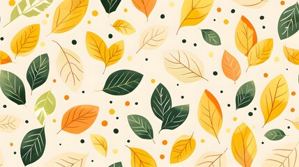 Fototapeta premium Autumn Leaves Pattern: Vibrant Collection of Green, Yellow, and Orange Leaves with Polka Dots