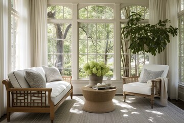 Modern meets Classic in the Stylish Sunroom: Contemporary Seating & Elegant Curtains!