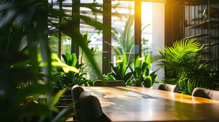 An eco friendly corporate business conference room filled with green plants and lush, environment earth day concept