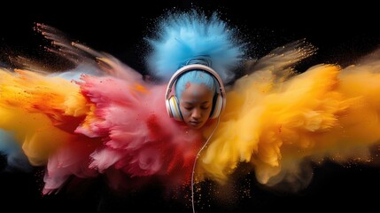 An image of high-quality headphones placed on a dynamic abstract background with human head, showcasing the innovative technology and superior sound quality of a tech company's latest audio products
