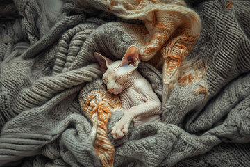 Cute sphynx cat is sleeping wrapped in grey and brown knitted sweater, top view, closeup, space for text, Generative AI	
