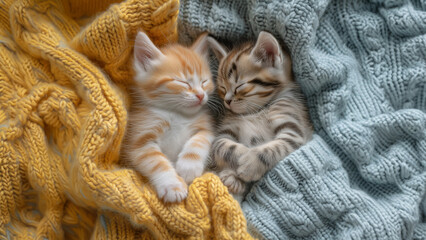 Two adorable kittens are sleeping on blue and yellow knitted sweater, tortoiseshell and ginger cat, top view, closeup, Generative AI	
