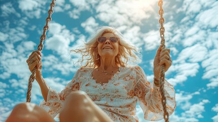 Joyful senior woman with gray hair happily swinging outdoors, carefree aging. Expressing the beauty and freedom of carefree elderly life