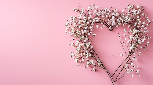 Blank white heart shape with baby's-breath flowers on pink background