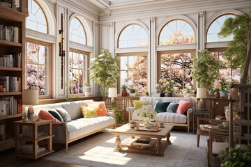 Fototapeta na wymiar Neo-Victorian Apartments: Sunlit Living Room with Tree Branch Decor