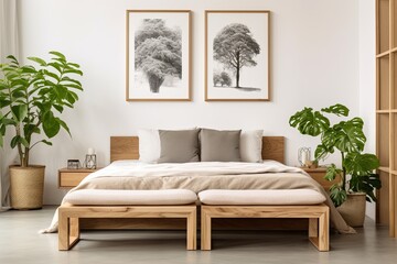 Organic Minimalist Bedroom: Apartments Featuring House Plants and Wooden Bench at Foot of Bed