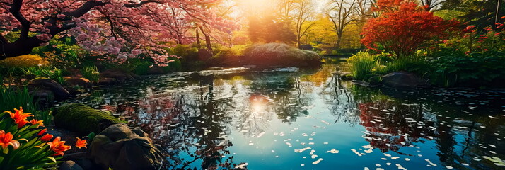A serene spring pond reflecting spring flowers and foliage. Generative AI
