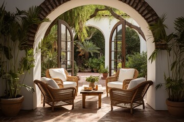 Fototapeta premium Sunny Spanish-Inspired Patio Vibes: Arched Doorways & Rattan Chairs