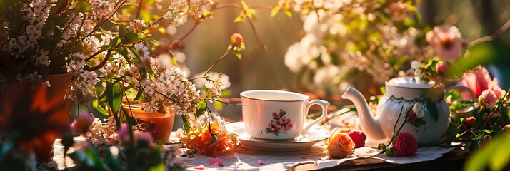 Spring tea party, background with a charming tea party surrounded by blooming flowers and greenery. Generative AI