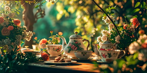 Spring tea party, background with a charming tea party surrounded by blooming flowers and greenery. Generative AI - obrazy, fototapety, plakaty