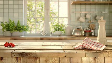 Blurred background of a vintage kitchen with a kitchen desk