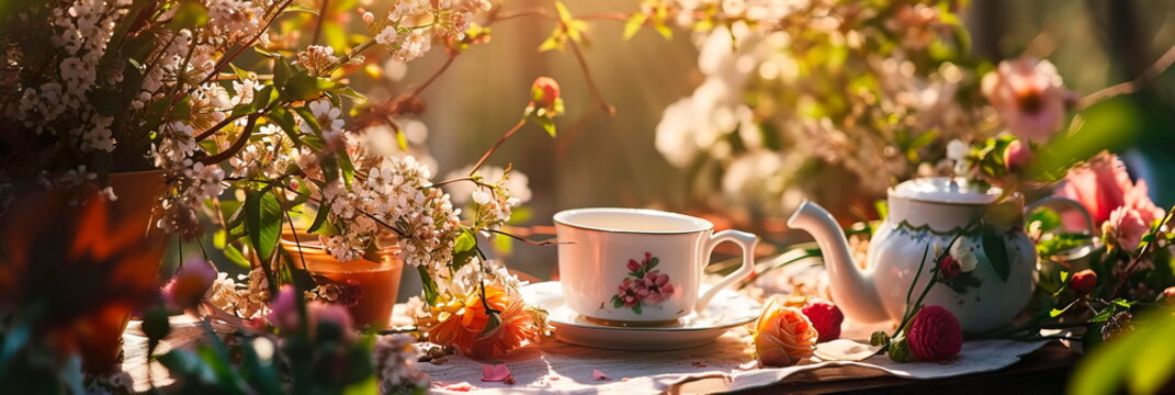 Spring tea party, background with a charming tea party surrounded by blooming flowers and greenery. Generative AI