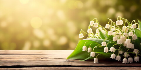 Spring background. White lily of the valley flowers on the background of a wooden table. Generative AI - obrazy, fototapety, plakaty