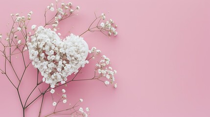 Obraz premium Blank white heart shape with baby's-breath flowers on pink background