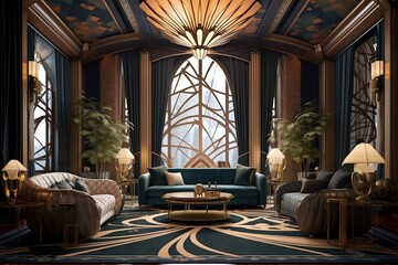 Intricate Art Deco Living Room: Exquisite Ceiling Details and Plush Furniture