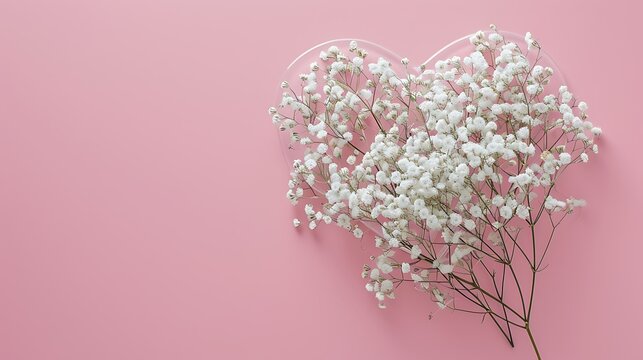 Blank white heart shape with baby's-breath flowers on pink background